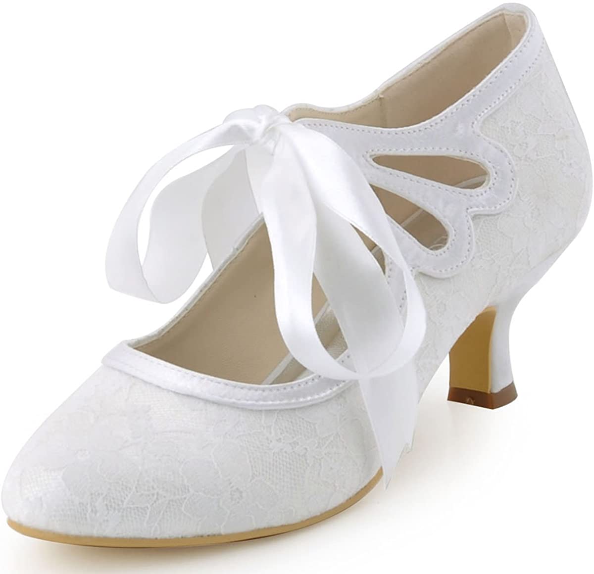 Elegantpark A3039-2 Women Round Toe Mary-Janes Mid Heel Satin Lace Ribbon Tie Wedding Bridal Shoes 