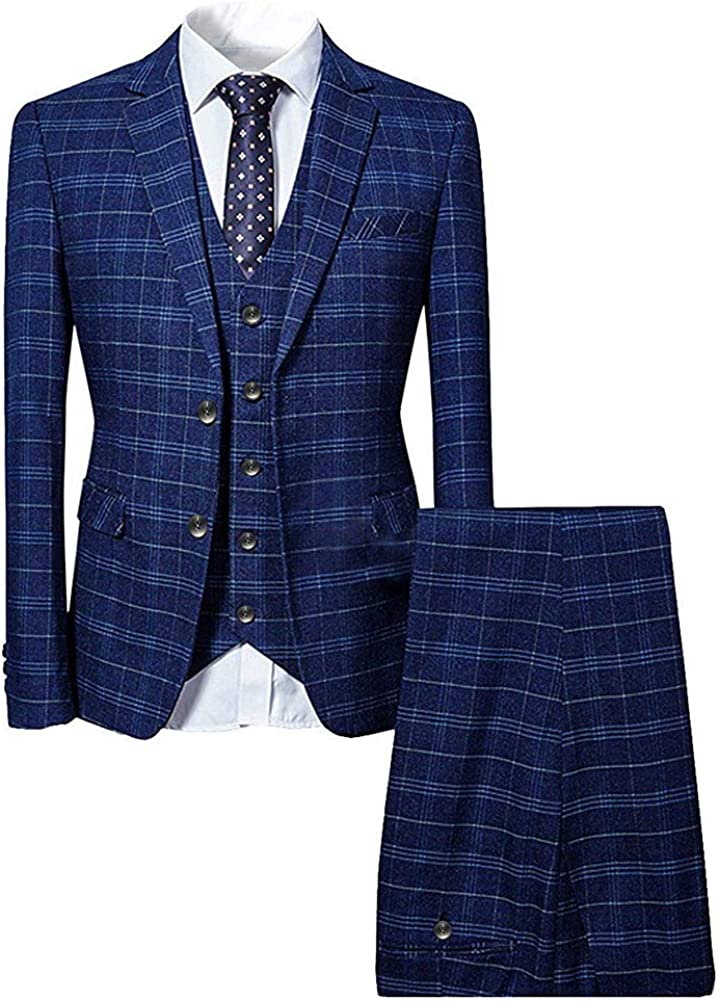 Mens 3 Piece Slim fit Checked Suit Blue/Black Single Breasted Vintage Suits