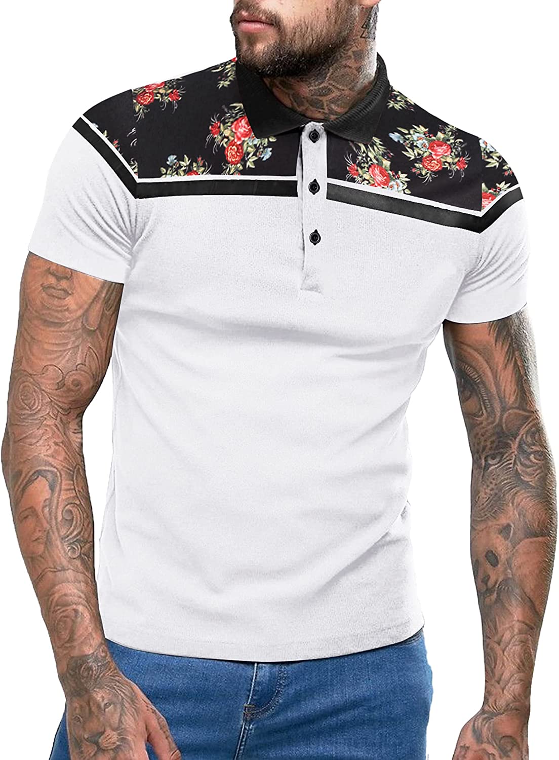 COOFANDY Mens Paisley Polo Shirt Casual Short Sleeve Floral Print Shirt 