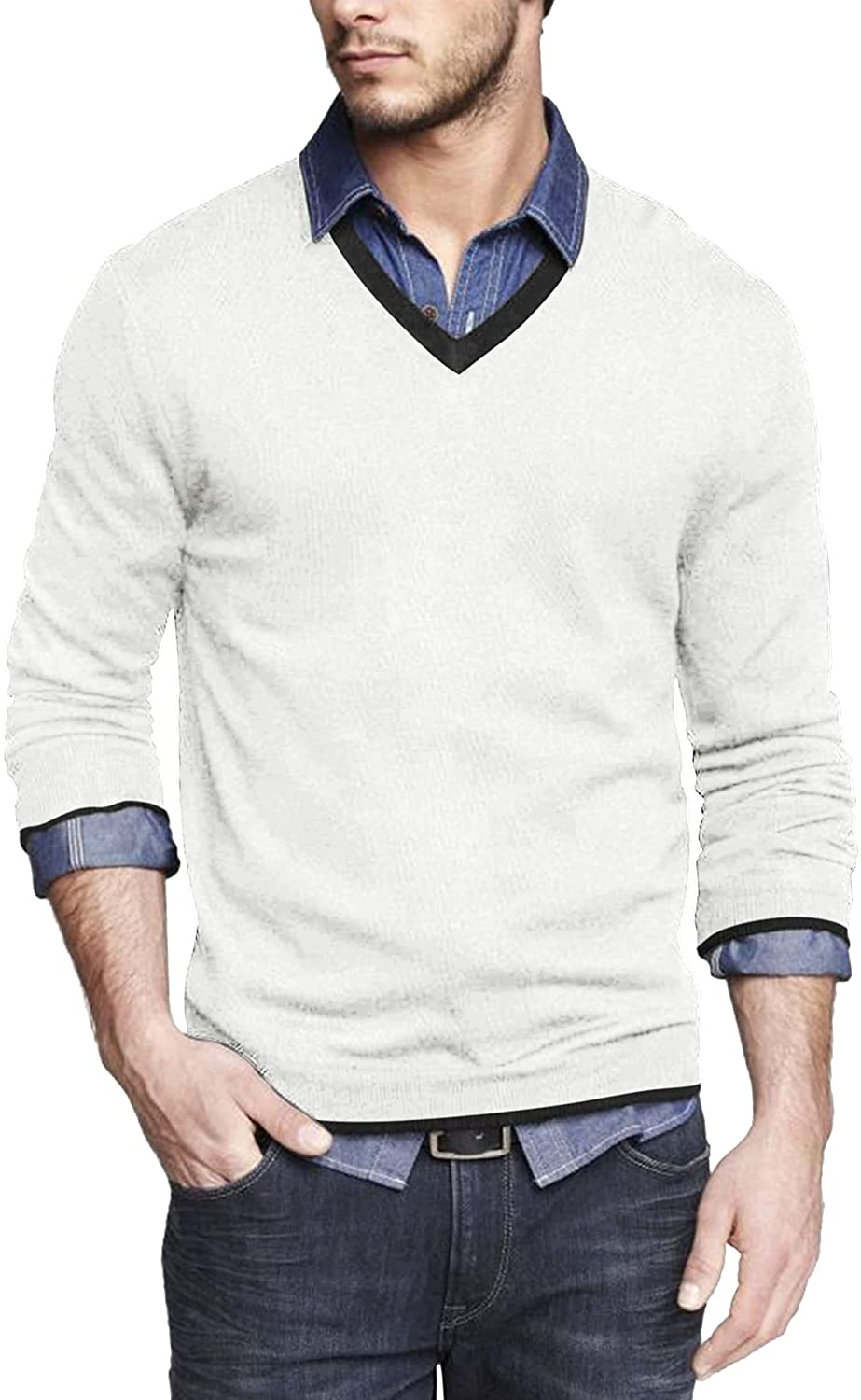 COOFANDY Men Casual V Neck Sweater Ribbed Knit Slim Fit Long Sleeve Pullover Top