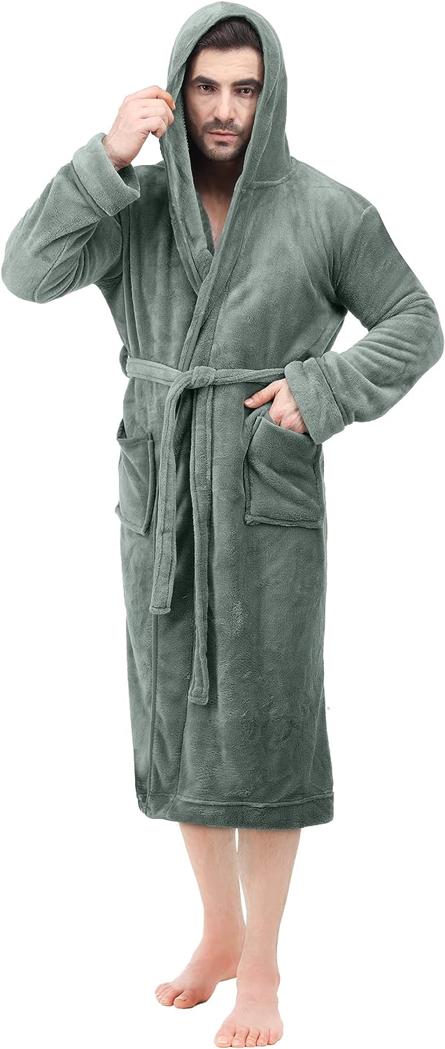 NY Threads Mens Hooded Fleece Robe - Plush Long Bathrobes