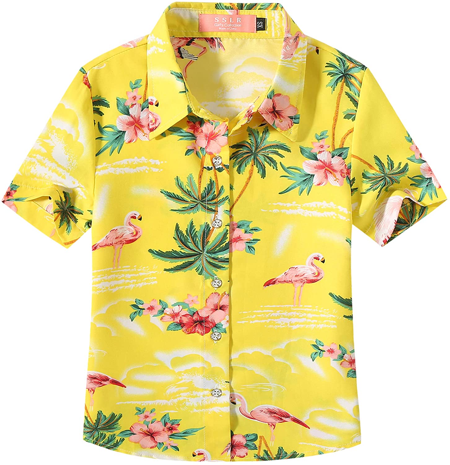 SSLR Big Girls Flamingos Button Down Short Sleeve Hawaiian Shirt