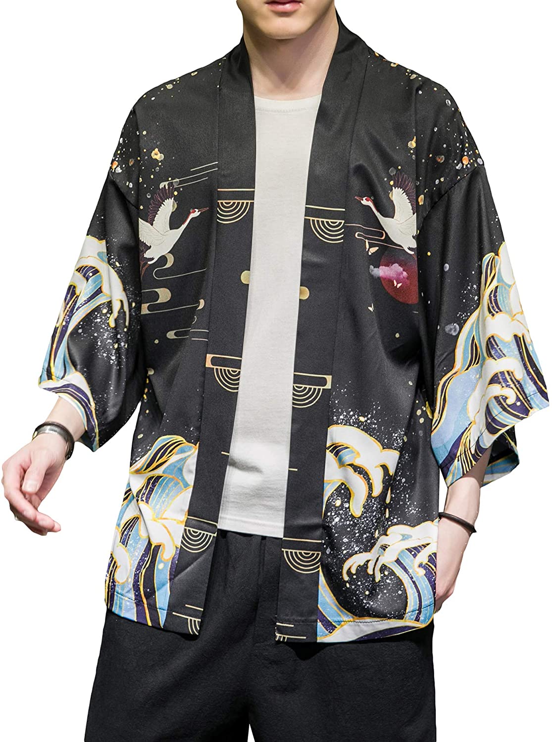 PRIJOUHE Men's Japanese Kimono Cardigan Jackets Casual Long