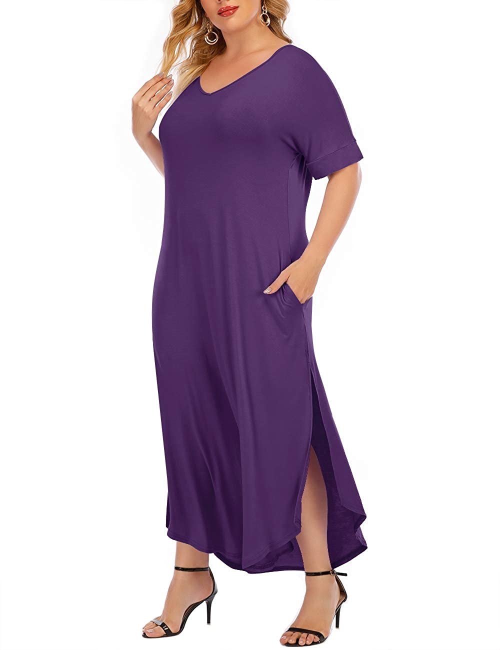 Womens Plus Size Evening Dress Solid Cold Shoulder Sundress Short-Sleeve Night Wear LYYZU Dresses Maxi Dress Casual Dress 