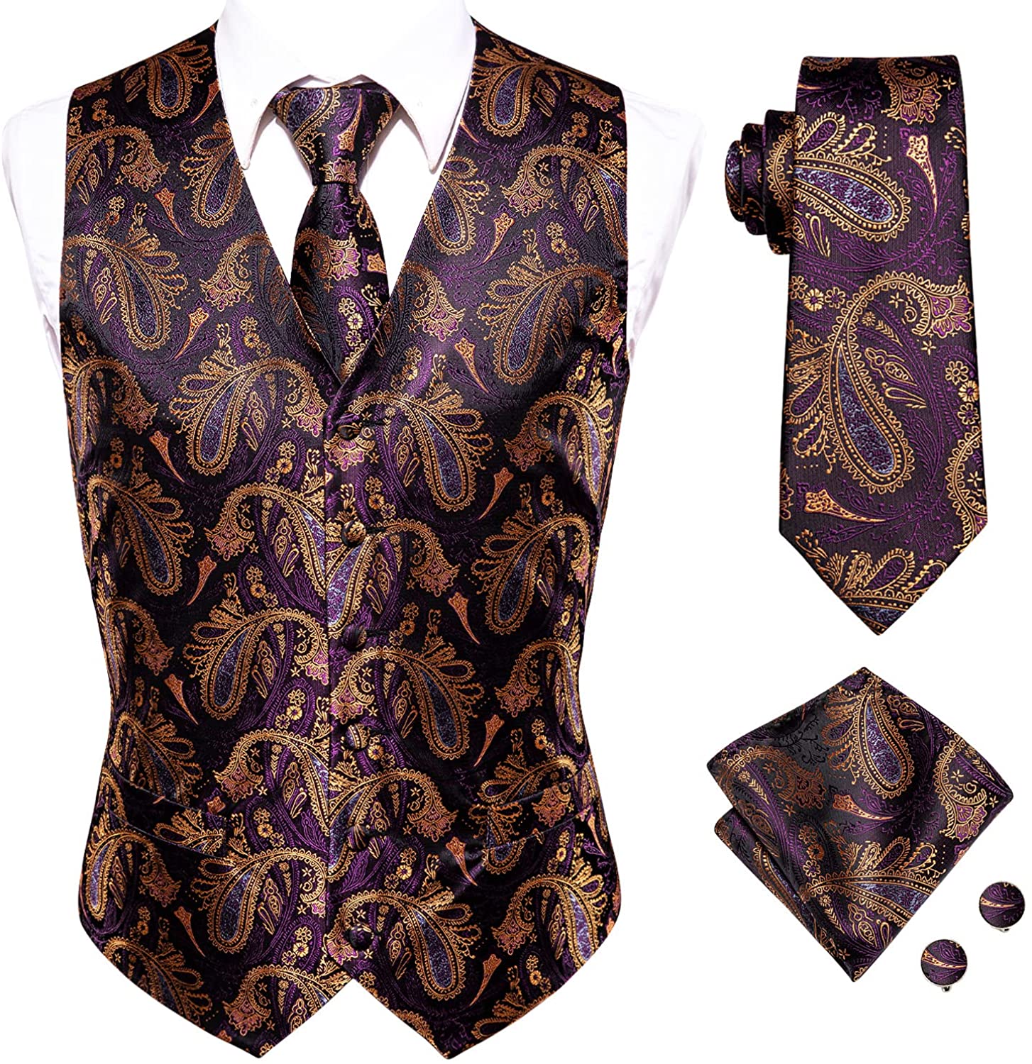 DQT Woven Scroll Pattern Mens Formal Waistcoat Cravat Hanky Cufflinks FREE Pin 