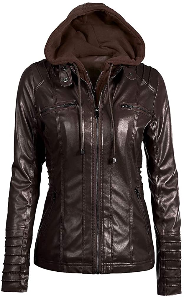 Lavnis Women's Faux Leather Jacket with Hood Casual Long Sleeve Moto ...