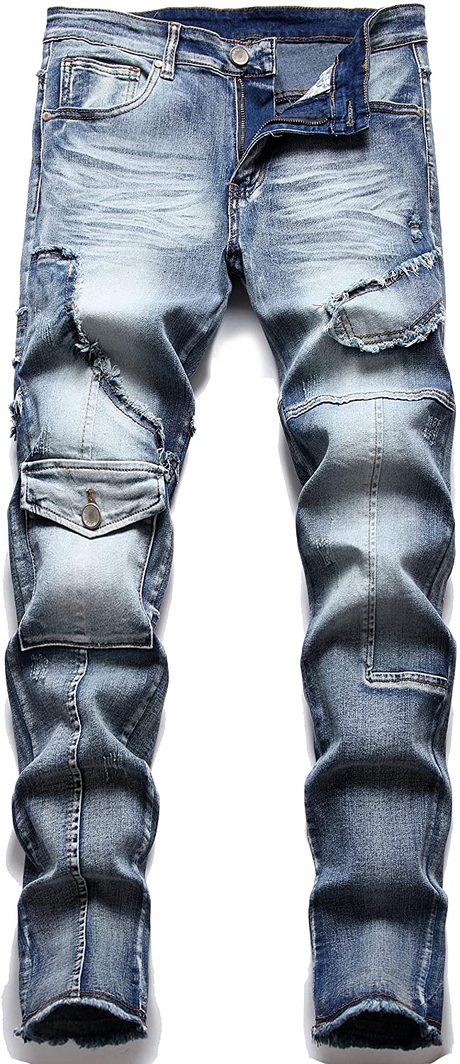 AITITIA Men's Biker Zipper Deco Washed Straight Fit Jeans 