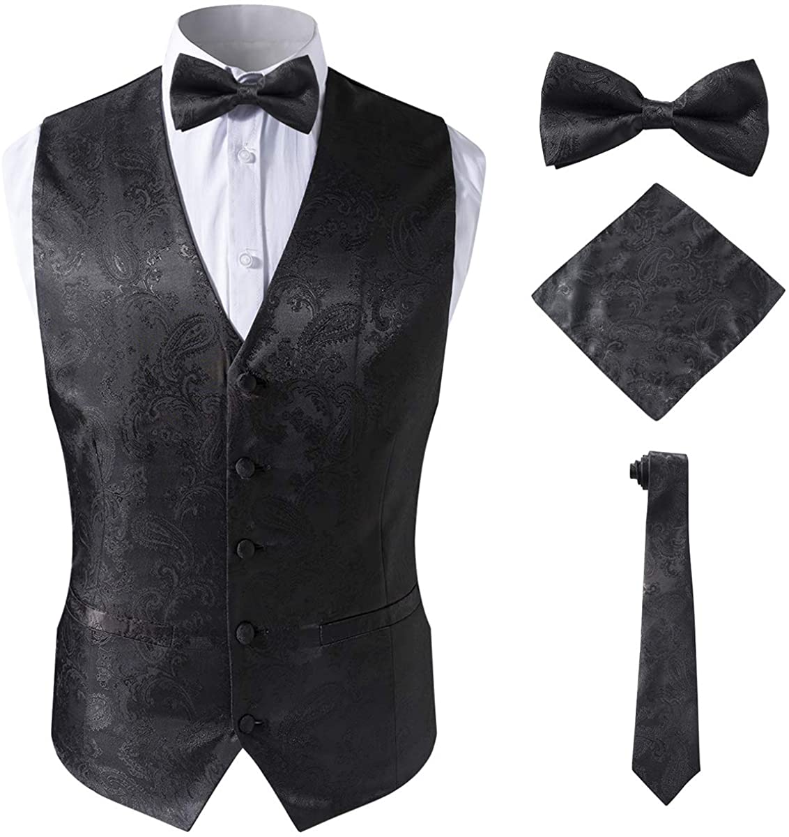 SuiSional Mens 4pc Classic Paisley Suit Vest Set Necktie Bowtie Hanky for Tuxedo