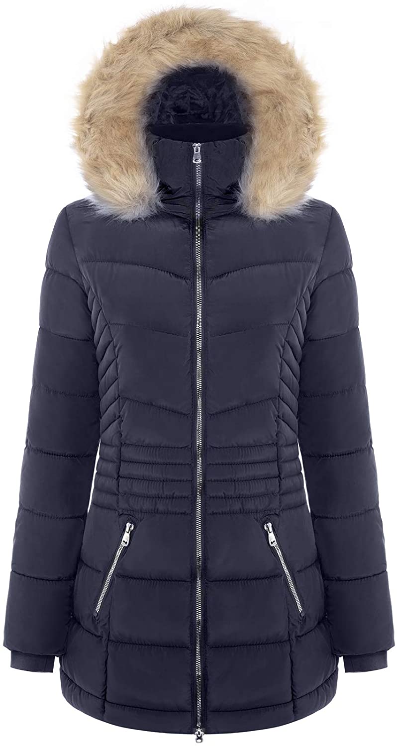BodiLove Women's Belted Down Puffer Jacket with Faux Fur Trim Hood