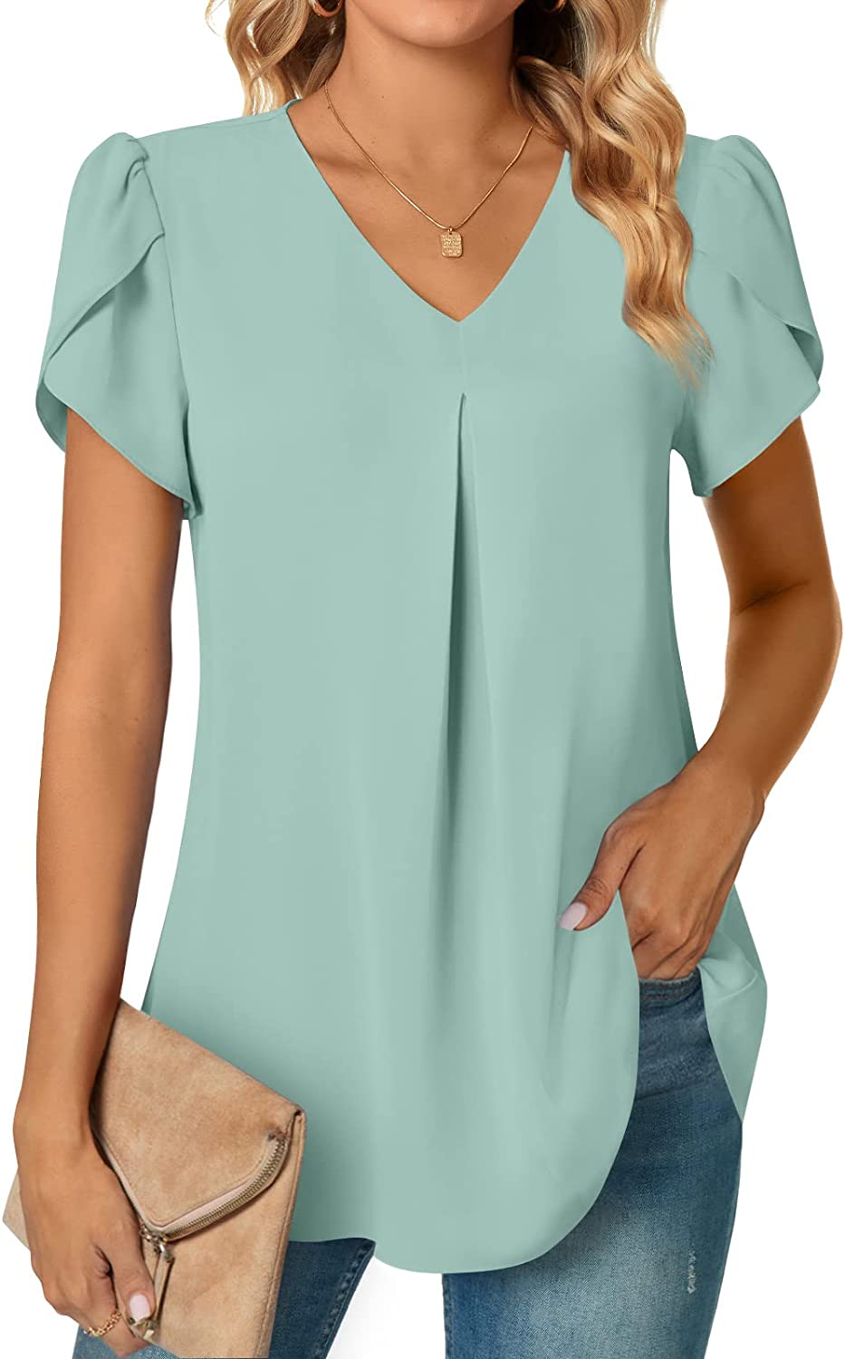 Anyally Women's Dressy Chiffon Blouses V Neck Puff Sleeve Tunic