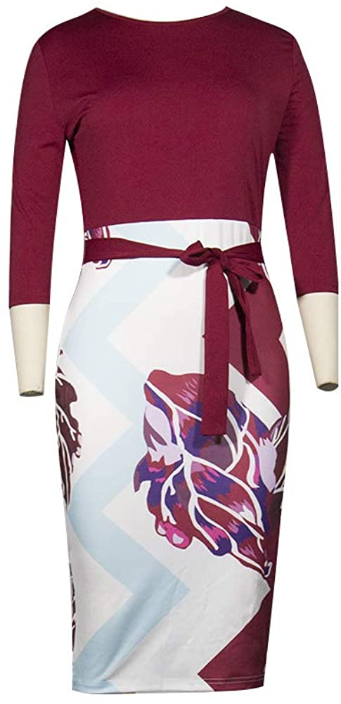 Women's Bodycon Dress Midi Work Casual Floral Prints Pencil Dresses with  Belt | eBay