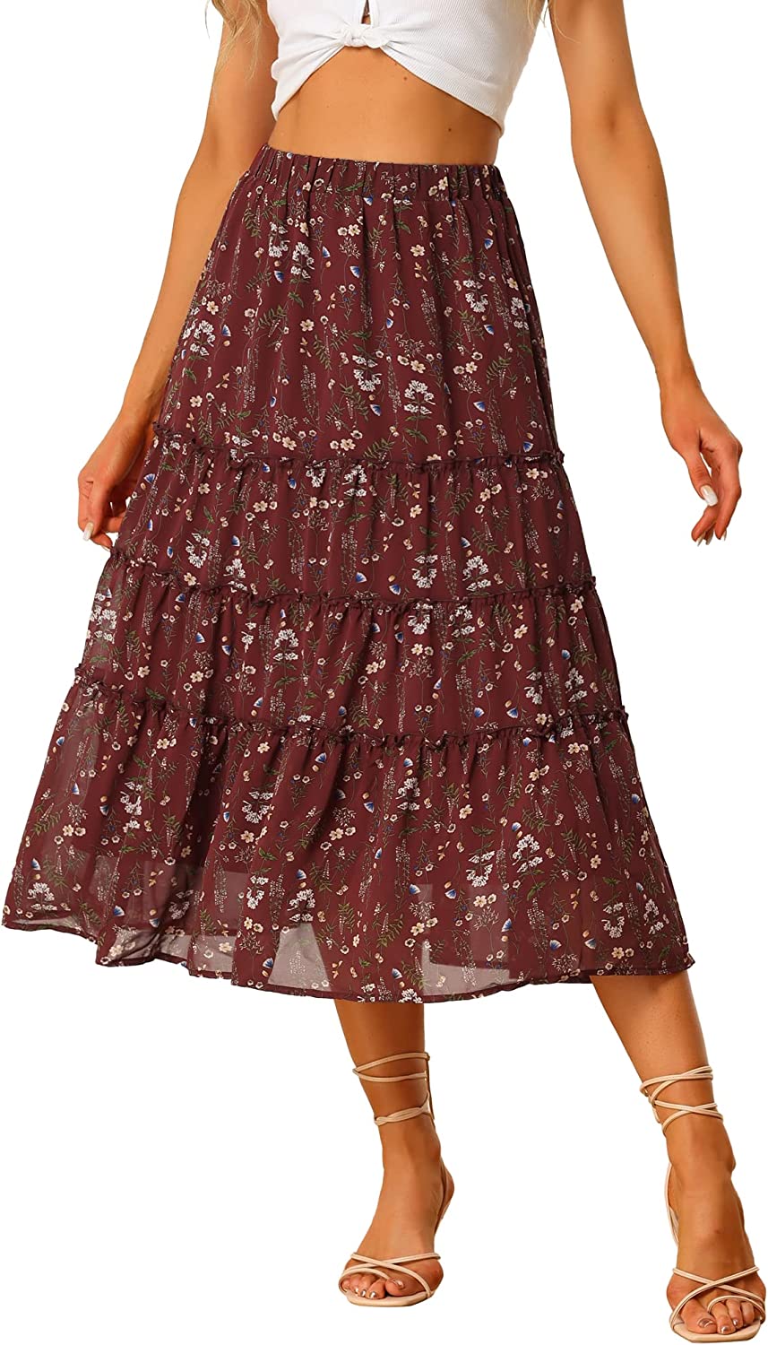 Allegra K Women's Floral Skirts Chiffon A-line Long Tiered Ruffle