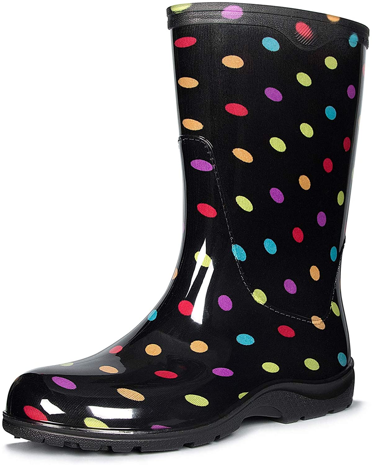 K KomForme Women's Waterproof Rain Boots Colorful Printed Mid-Calf Garden Shoes with Comfort Insole Ladies Short Rain Boots 