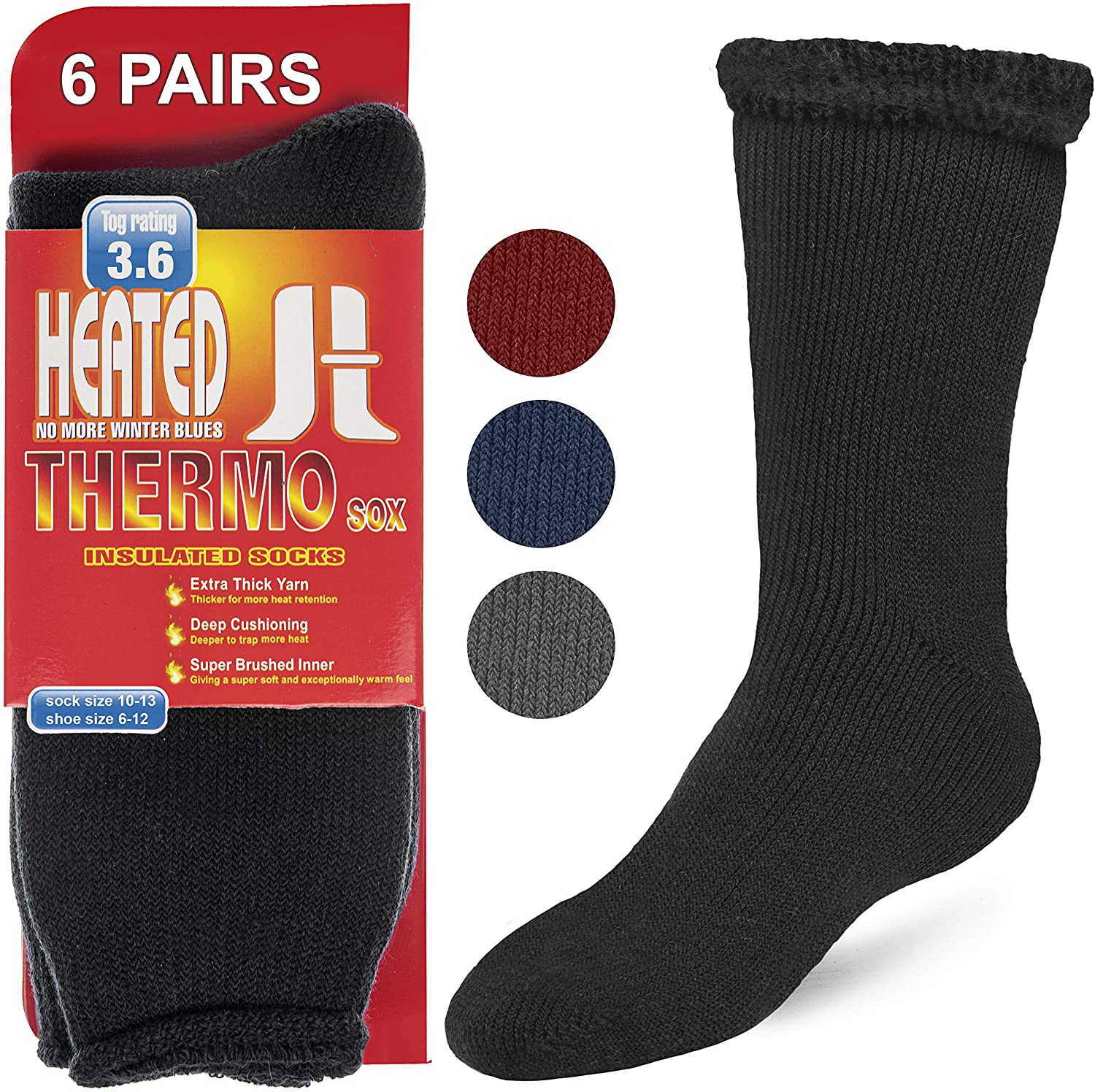 6 Pairs Of Thermal Socks Mens Thick Heat Trapping Warm Winter Crew Insulated  Boo