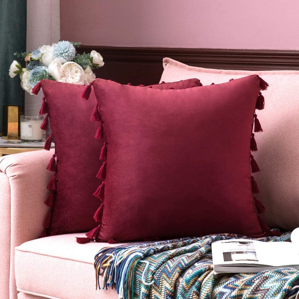 MIULEE Pink Throw Pillow Cover with Tassels Fringe Velvet Soft