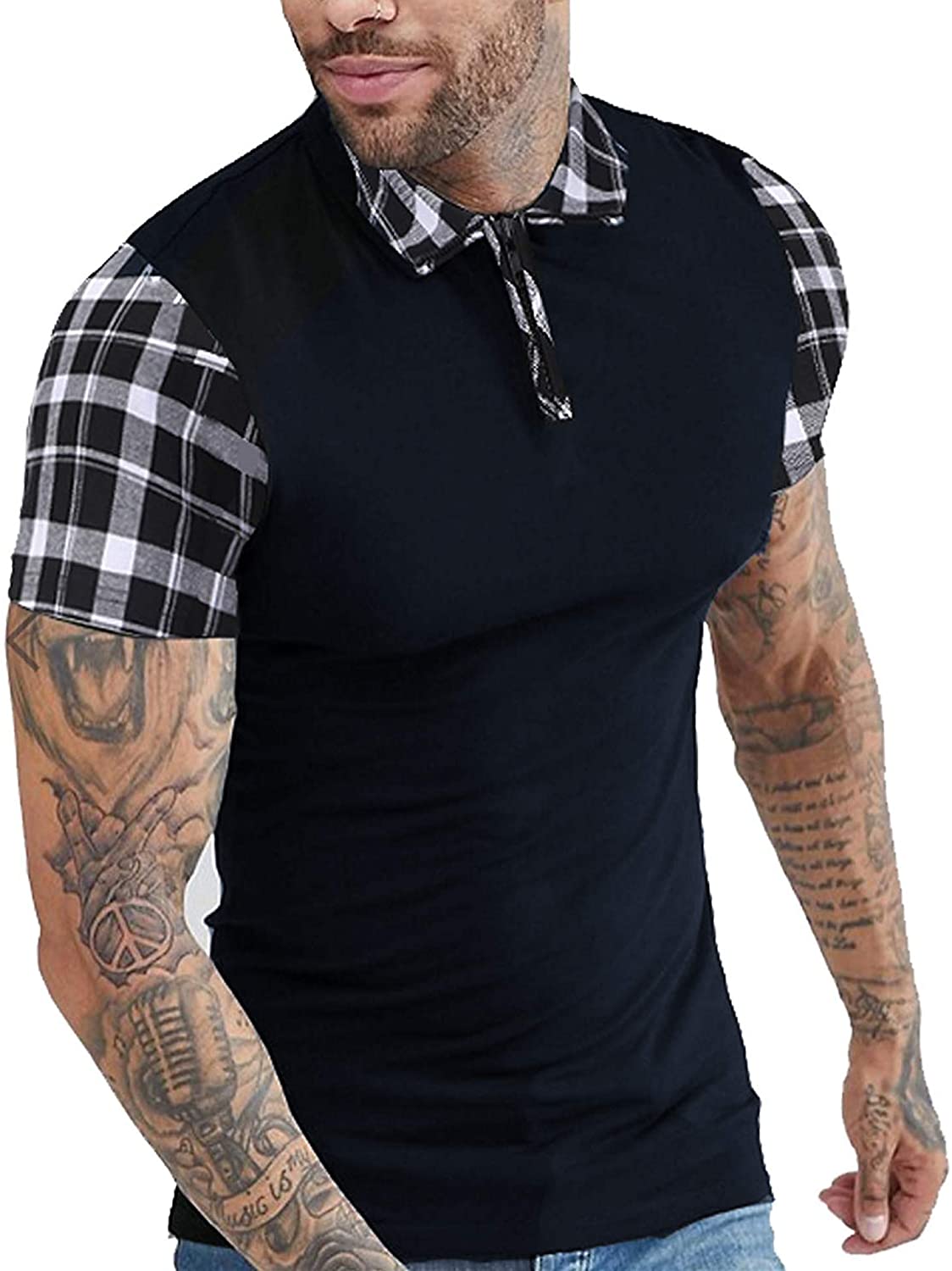 COOFANDY Mens Casual Short Sleeve Polo Shirts Slim Fit Zipper Plaid Polo T  Shirt | eBay