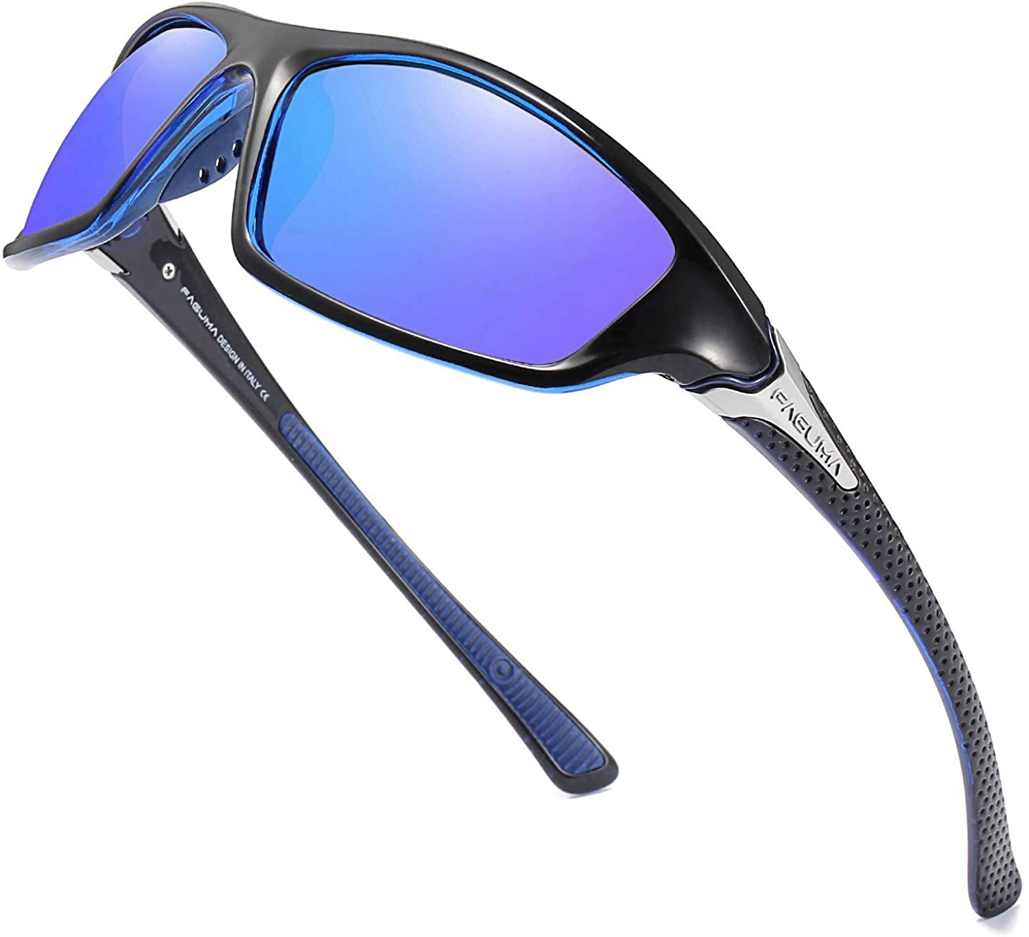FAGUMA Sports Polarized Sunglasses for Men Cycling Driving Fishing 100% UV Protection, Black Blue Frame/Blue Mirrored Lens