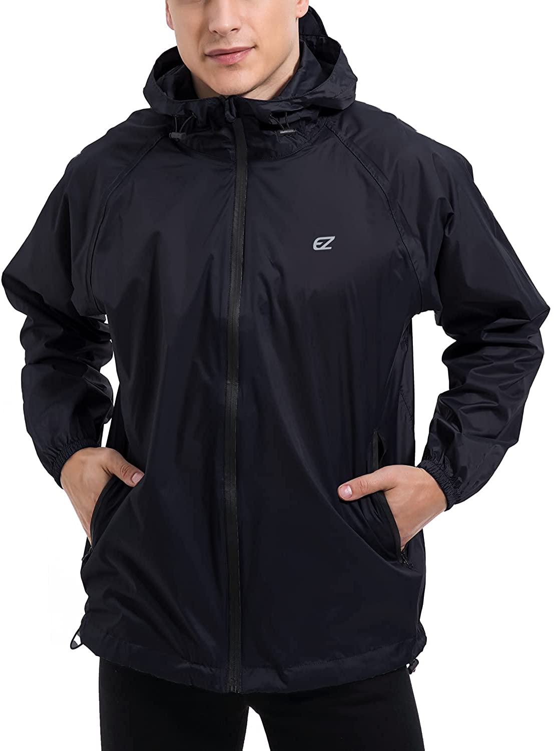 L EZRUN Rain Coat Rain Jacket Packable Waterproof Windbreaker Hooded Gray