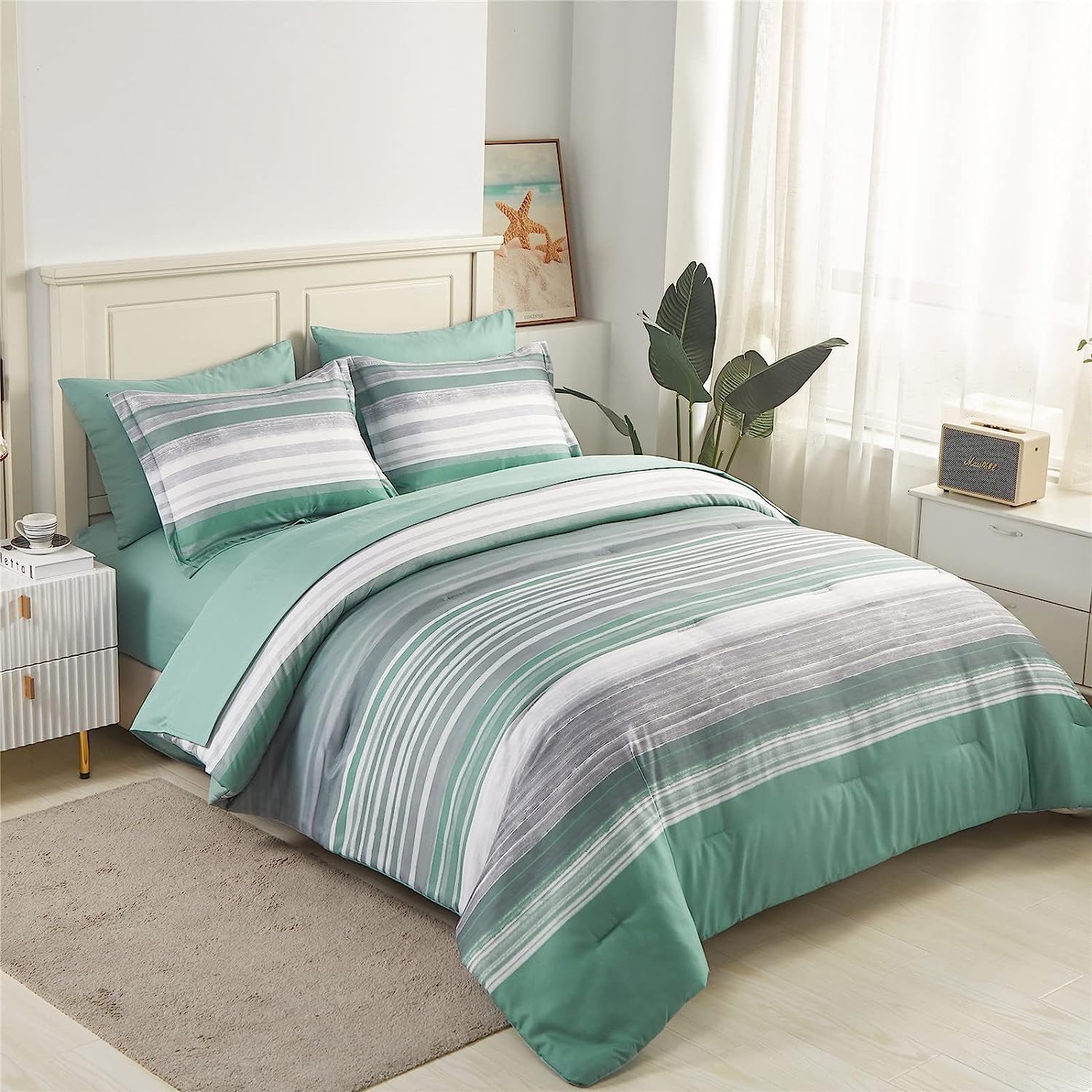 KAKIJUMN 5 Piece Bed in a Bag Stripe Comforter Set Twin Size