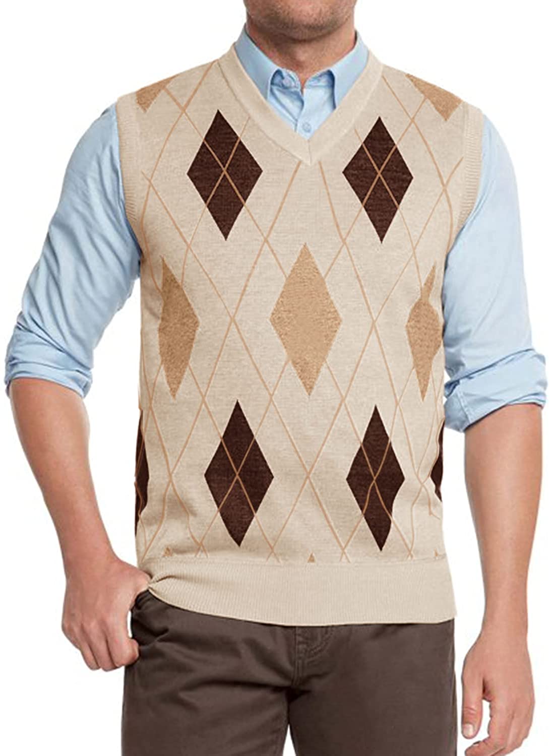 MNCEGEER Mens Rhombus Knitwear Vest V Neck Sleeveless Casual V Neck Slim  Fit Pul