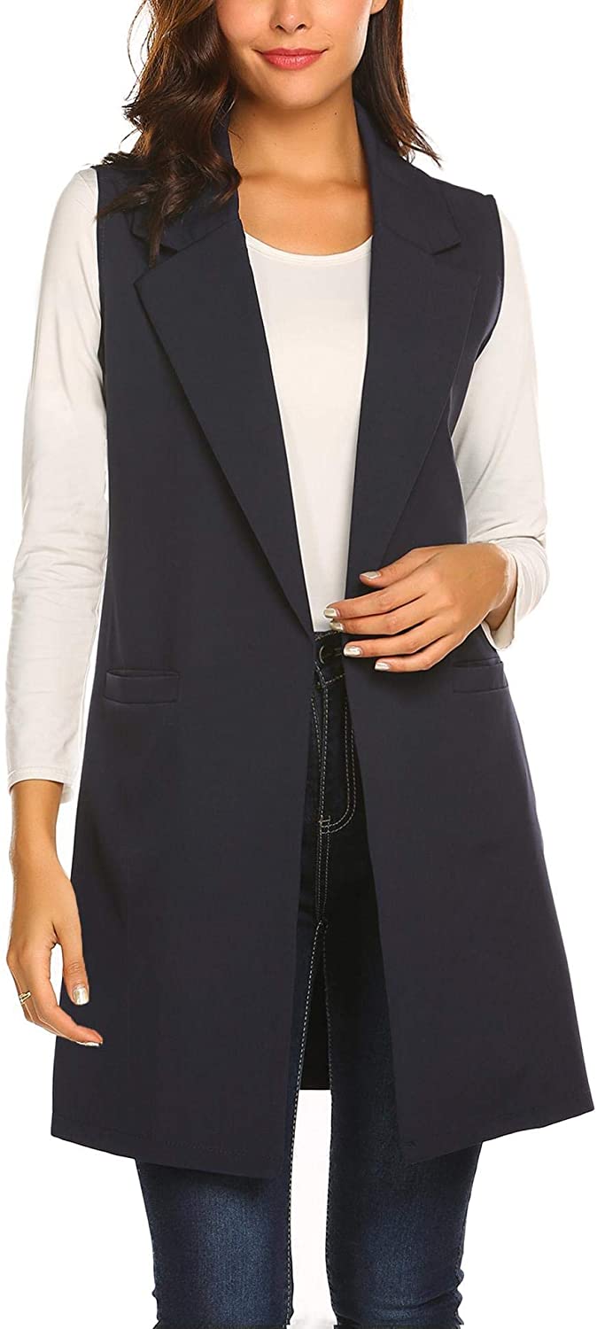 Women Casual Long Sleeveless Duster Trench Vest Lapel Blazer Jacket
