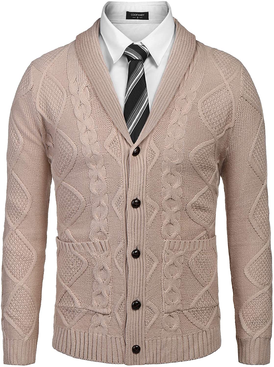 COOFANDY Herren Schalkragen Cardigan Sweater Slim Fit Merish Aran Button Down Zopfstrickpullover mit Taschen