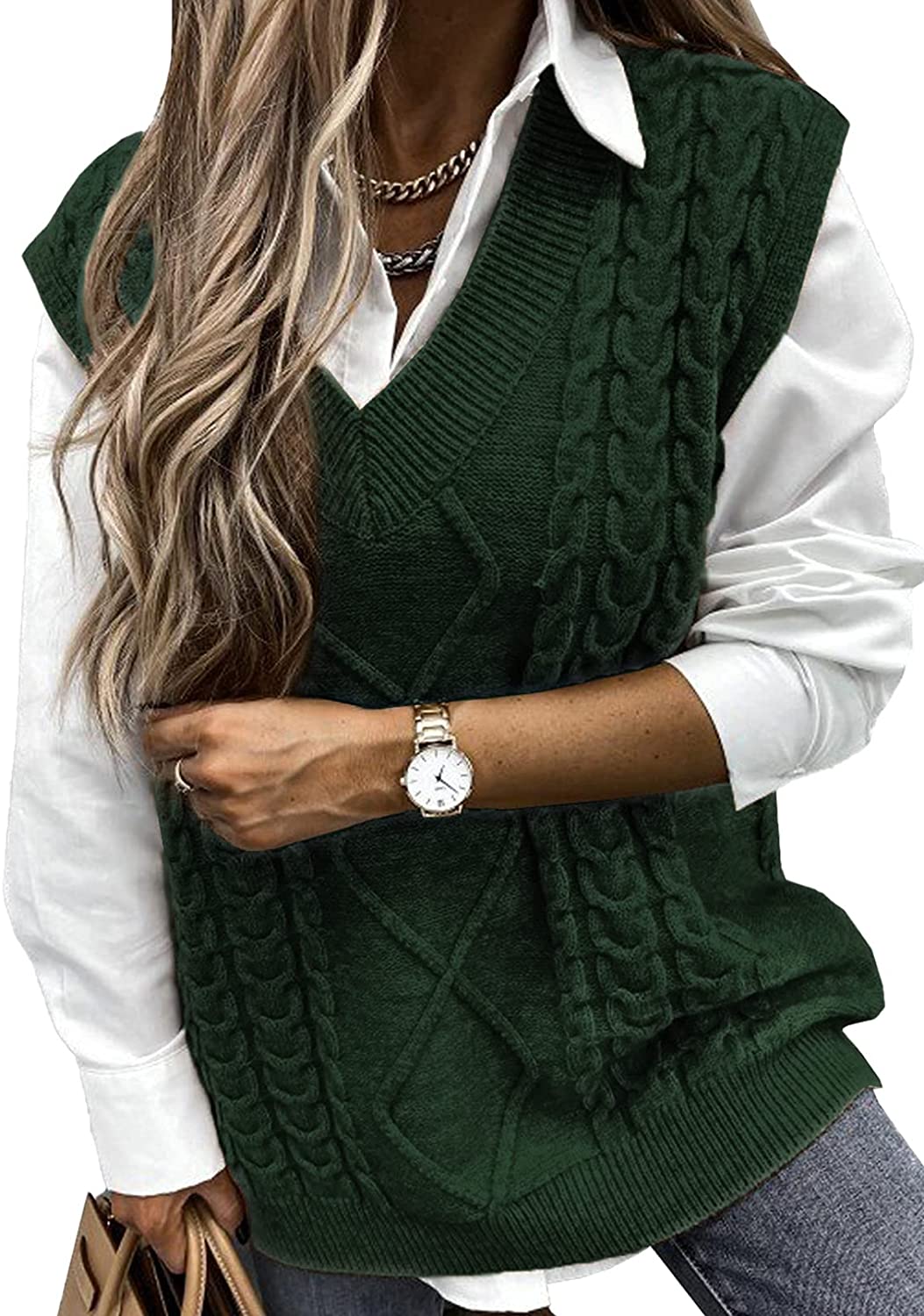Kewlioo Sweat Vestwomen's Dark Green Sleeveless Knitted Sweater