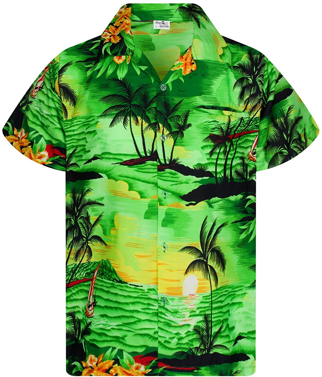 King Kameha Funky Casual Hawaiian Shirt for Kids Boys and Girls Front Pocket Very Loud Shortsleeve Unisex Surf Print 2-14 Years 