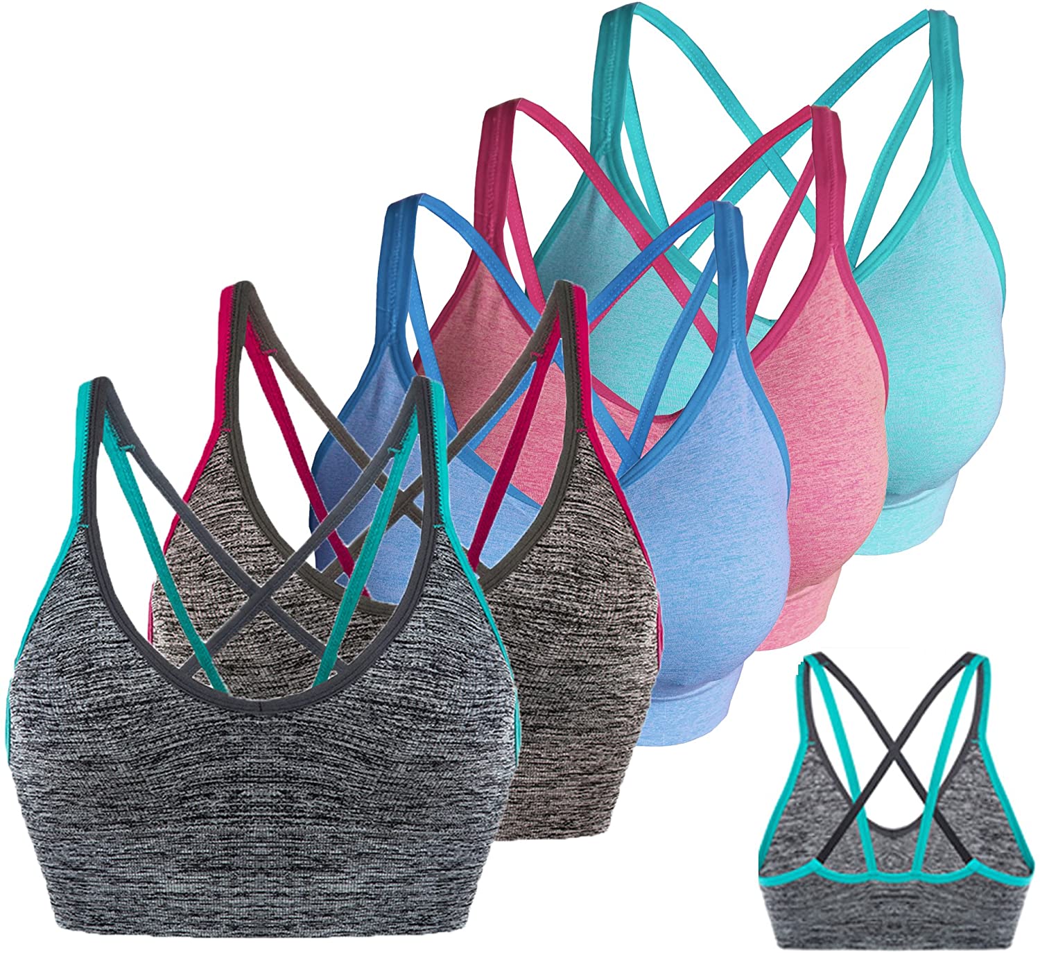 AKAMC 3 Pack Women's Medium Support Cross Back Wirefree Removable Cups Yoga  Sport Bra
