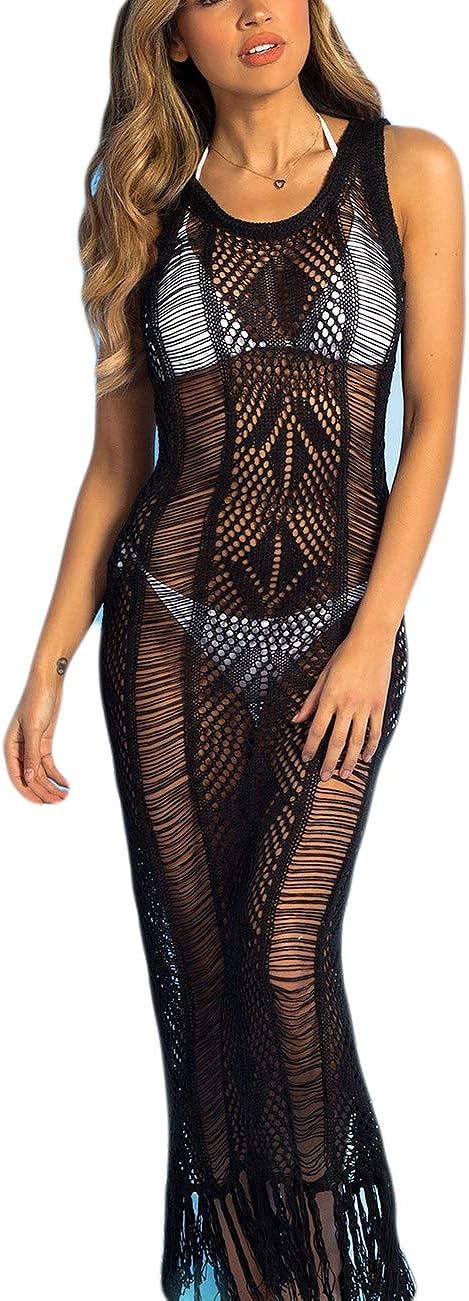 Bsubseach Crochet Swim Coverup Sleeveless Knitted Cover Up Dress