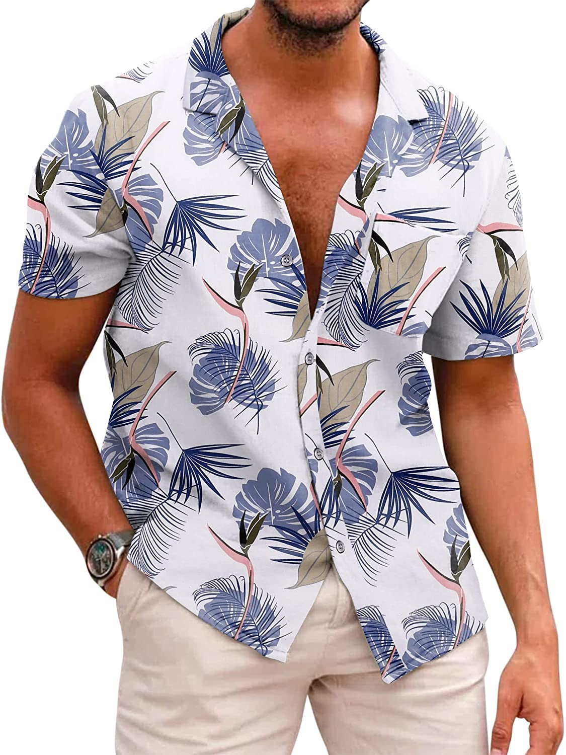 COOFANDY Men's Hawaiian Floral Shirts Cotton Linen Button