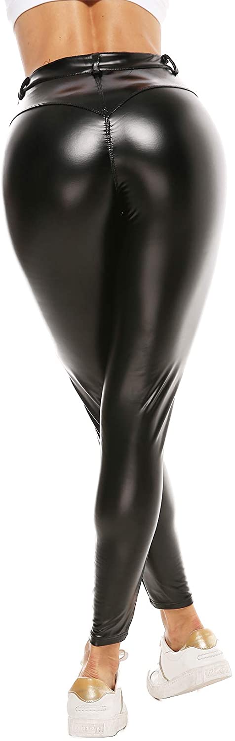 SEASUM Women's Faux Leather Leggings Pants PU Elastic Shaping Hip
