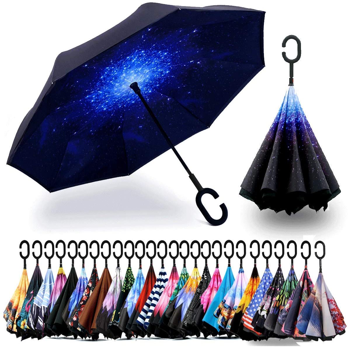 MRTLLOA Double Layer Inverted Umbrella with C-Shaped Handle Anti-UV Waterproof Windproof Straight Umbrella for Car Rain Outdoor Use 