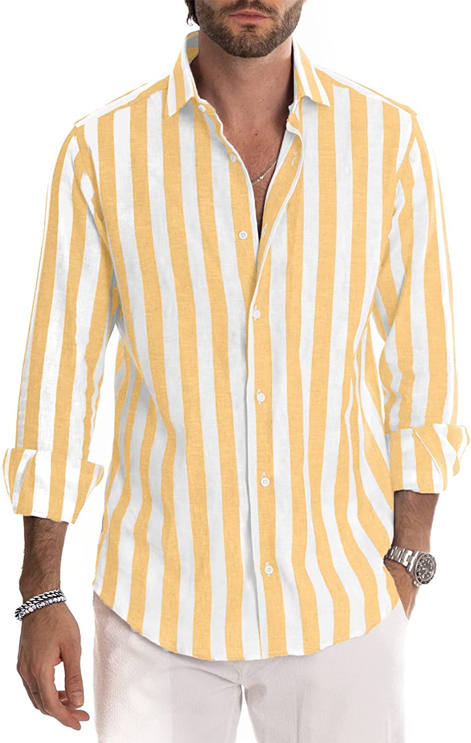 JMIERR Men's Linen Shirts Casual Long Sleeve Button-Down Striped Dress Shirt  eBay