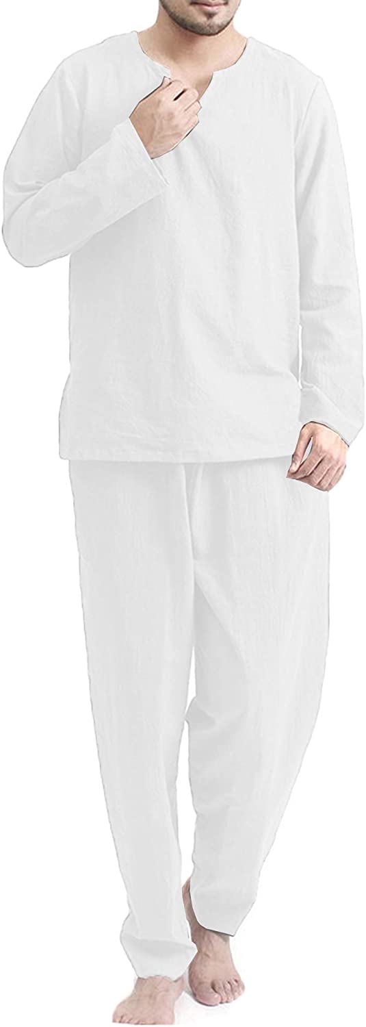 COOFANDY Mens 2 Pieces Cotton Linen Beach Hippie T Shirt and Pants Set Casual Long Sleeve Yoga Top Sleepwear Pajamas Set 