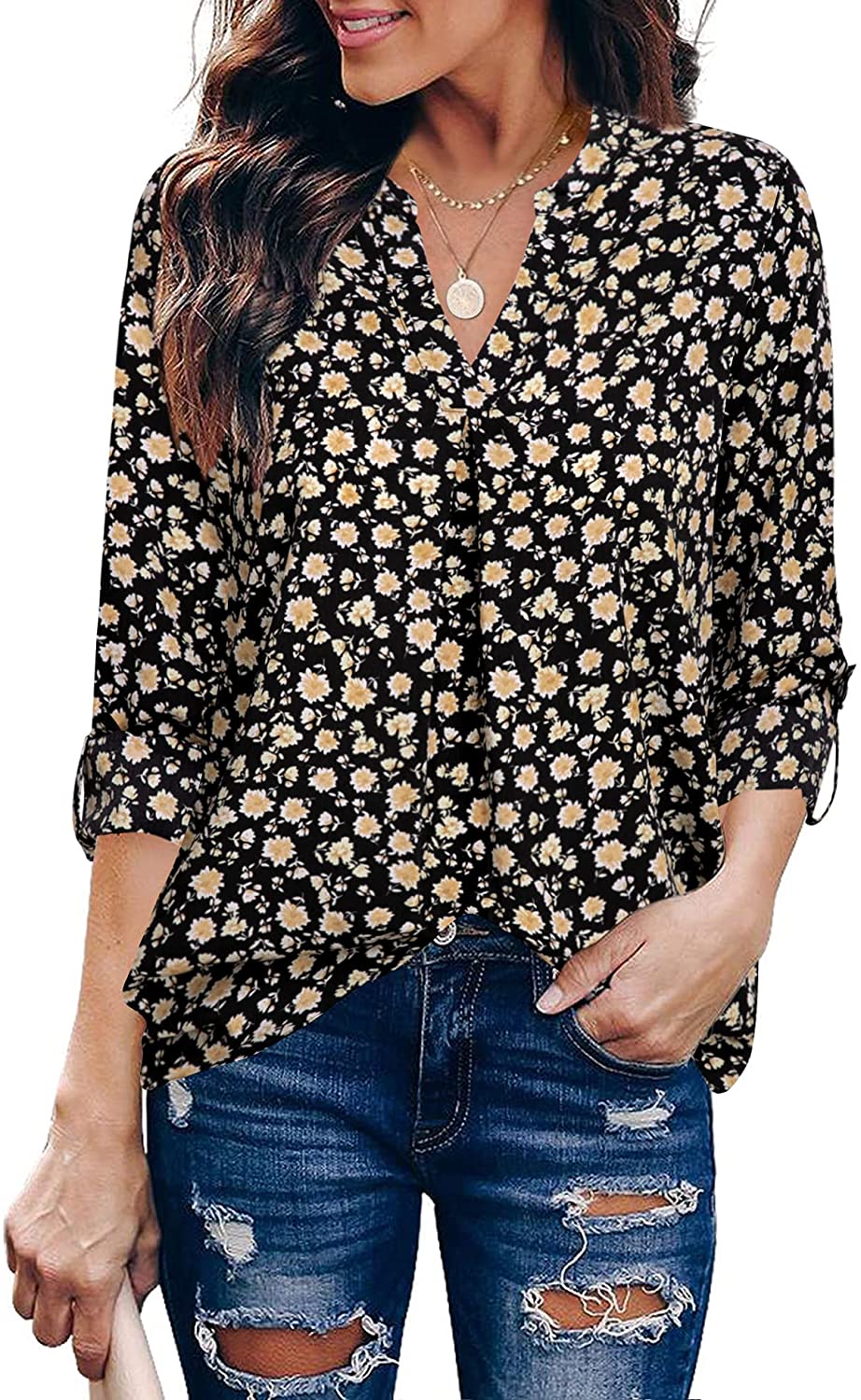 Gaharu Women's Blouses 3/4 Sleeve Work Shirt Chiffon Tunic Top Office ...