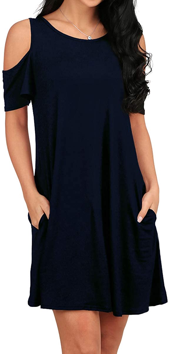 OFEEFAN Women&#039;s Shoulder Tunic Top T-Shirt Dress Pockets | eBay