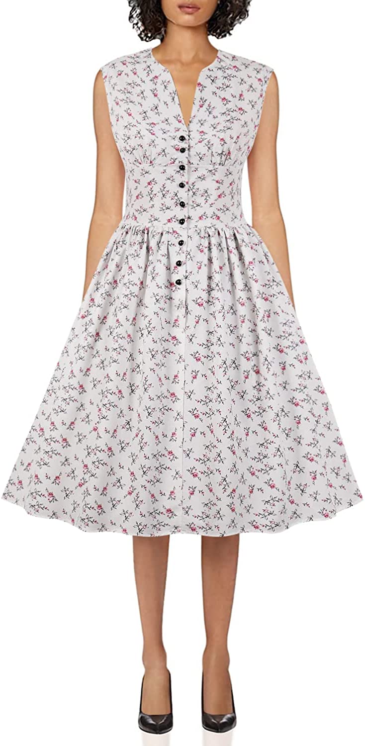 Wellwits Womens Split Neck Floral Button 1940s Day 1950s Vintage Tea Dress 