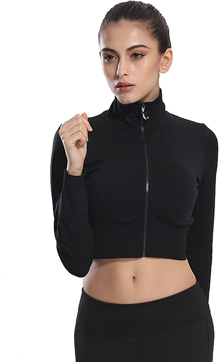 Women's Sports Workout Zip Up Long Sleeve Sweetshirt Fitted Crop Top