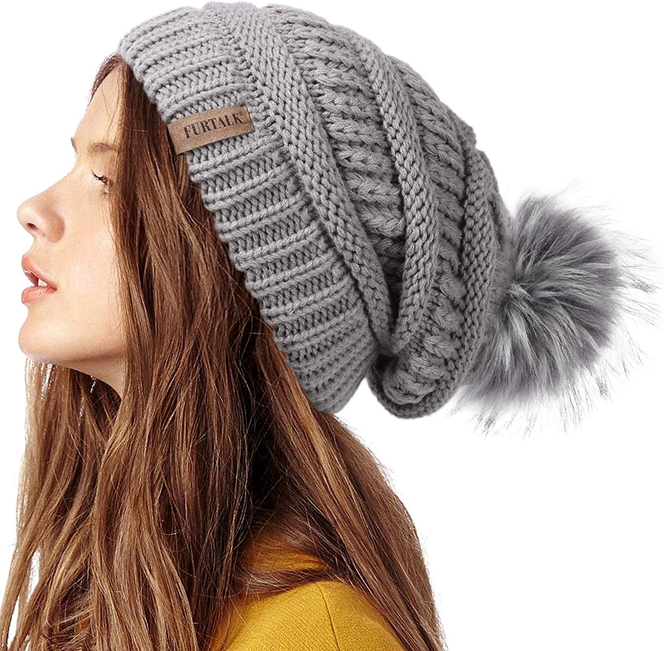 Faux Fur Pom Pom Crochet Slouchy Knit Beanie Beret Warm Winter Ski Hat Womens