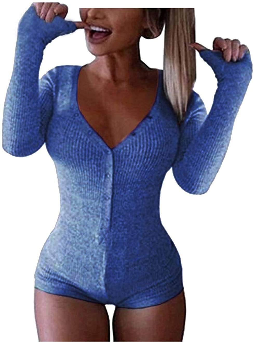 Roselux Women's Sexy Deep V Neck Shorts Long Sleeve Knitted One Piece  Bodysuit S