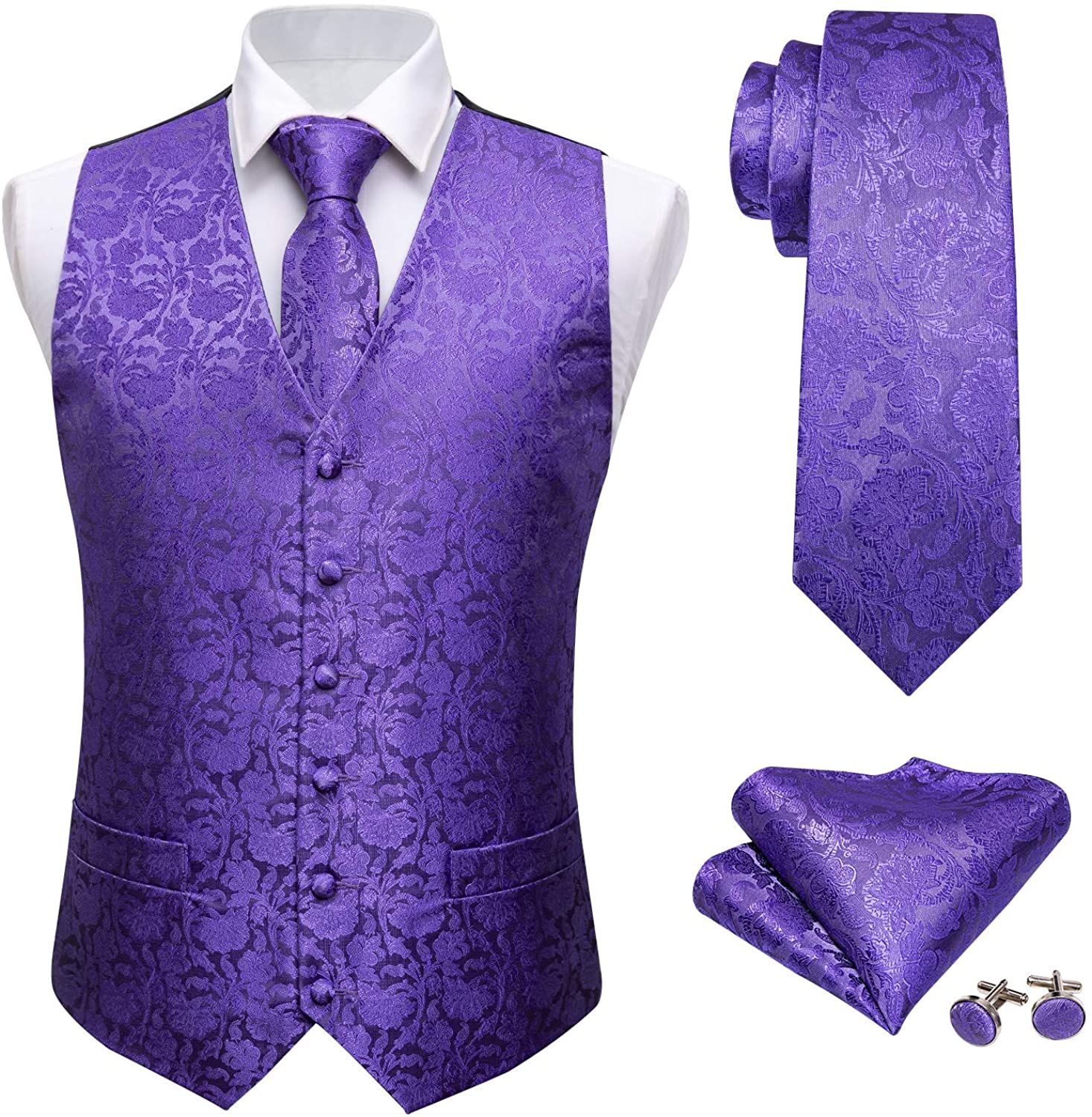 Barry.Wang Formal Mens Vest Set Paisley Tie Handkerchief Cufflink Clip Suit Waistcoat Designer 5PCS 