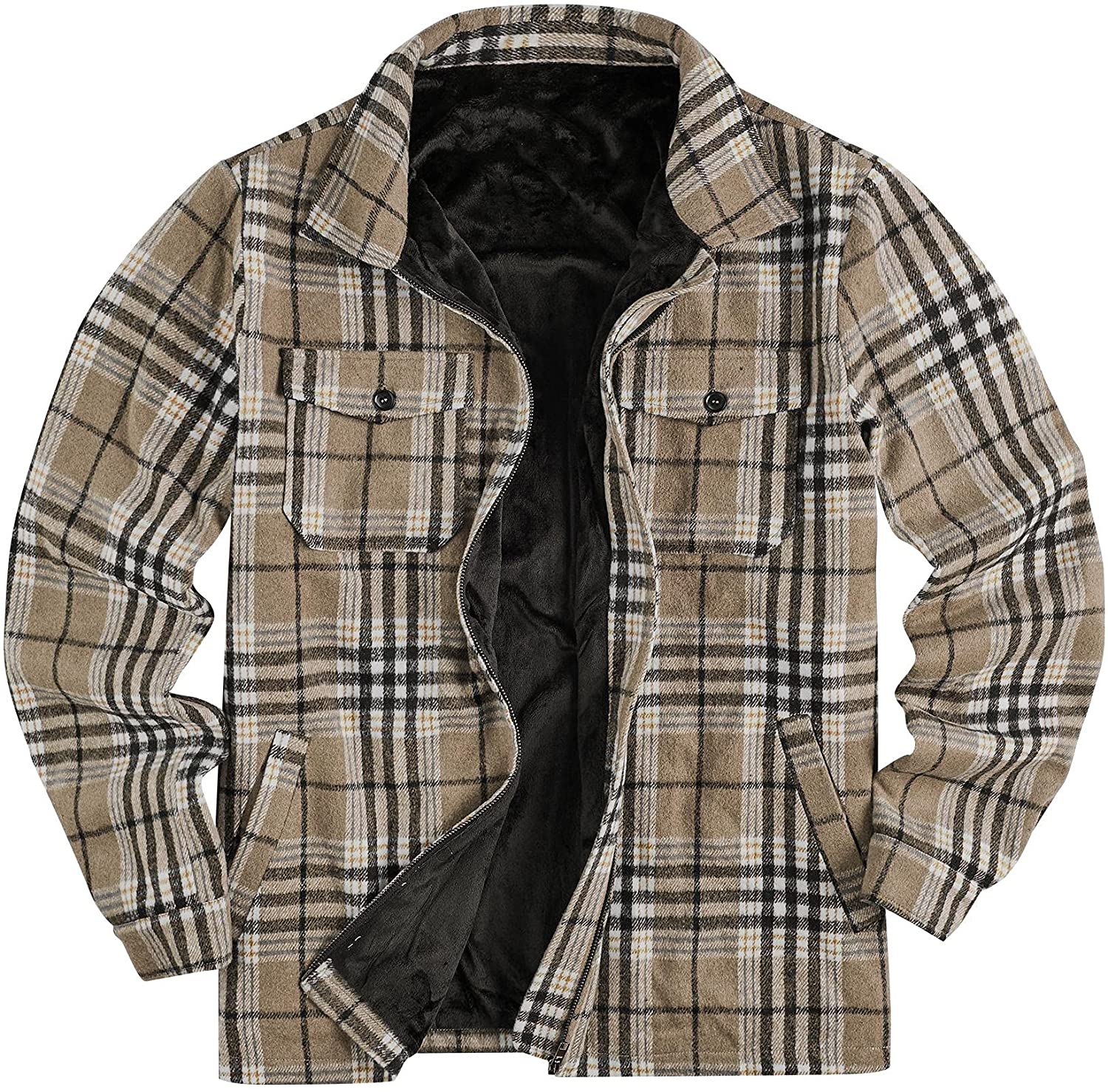 Mens Fleece Jacket Sherpa Lined Zip Up Buffalo Plaid Flannel Coat