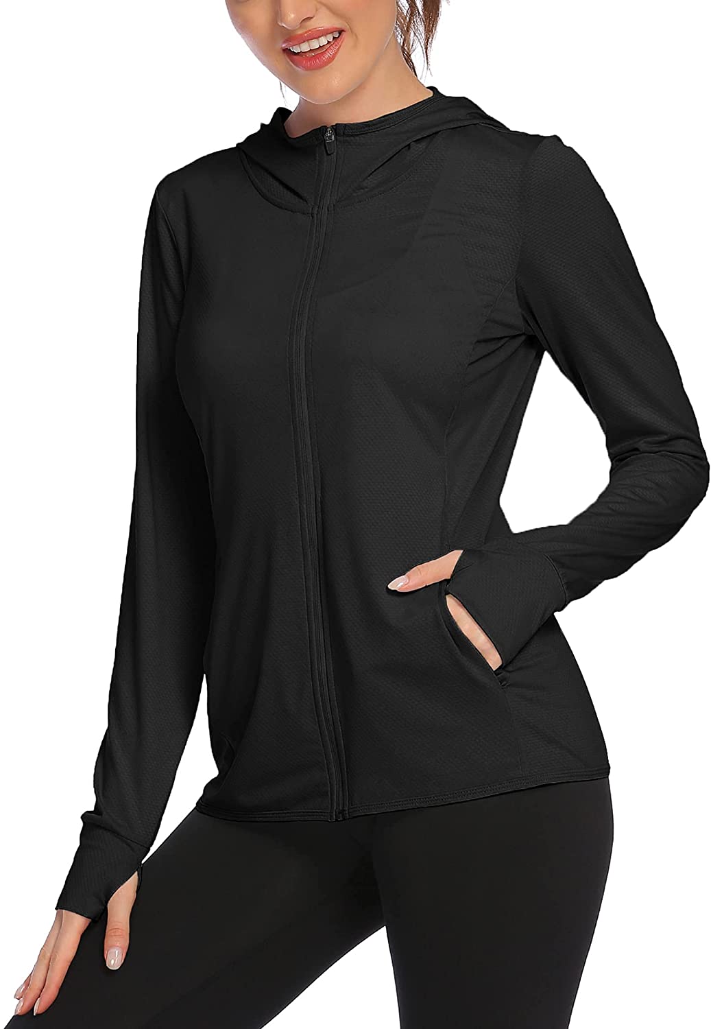 COOrun Women's UPF 50 Sun Protection Jacket UV Hoodie Long Sleeve Hooded SPF Sun Shirts Pockets Hiking Outdoor Performance 