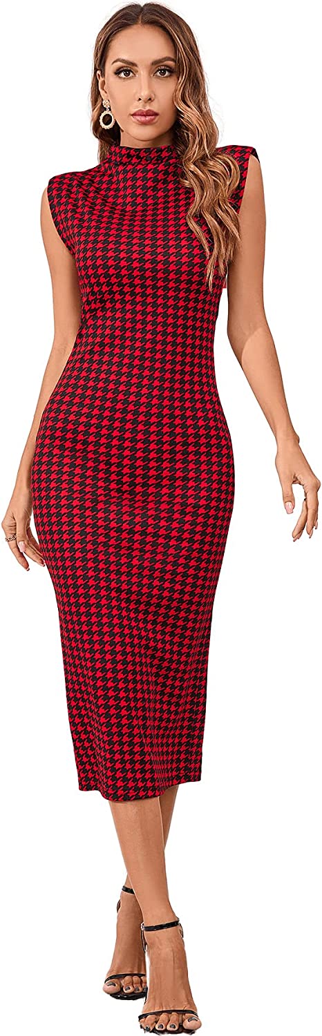  WDIRARA Women's Houndstooth Mock Neck Sleeveless