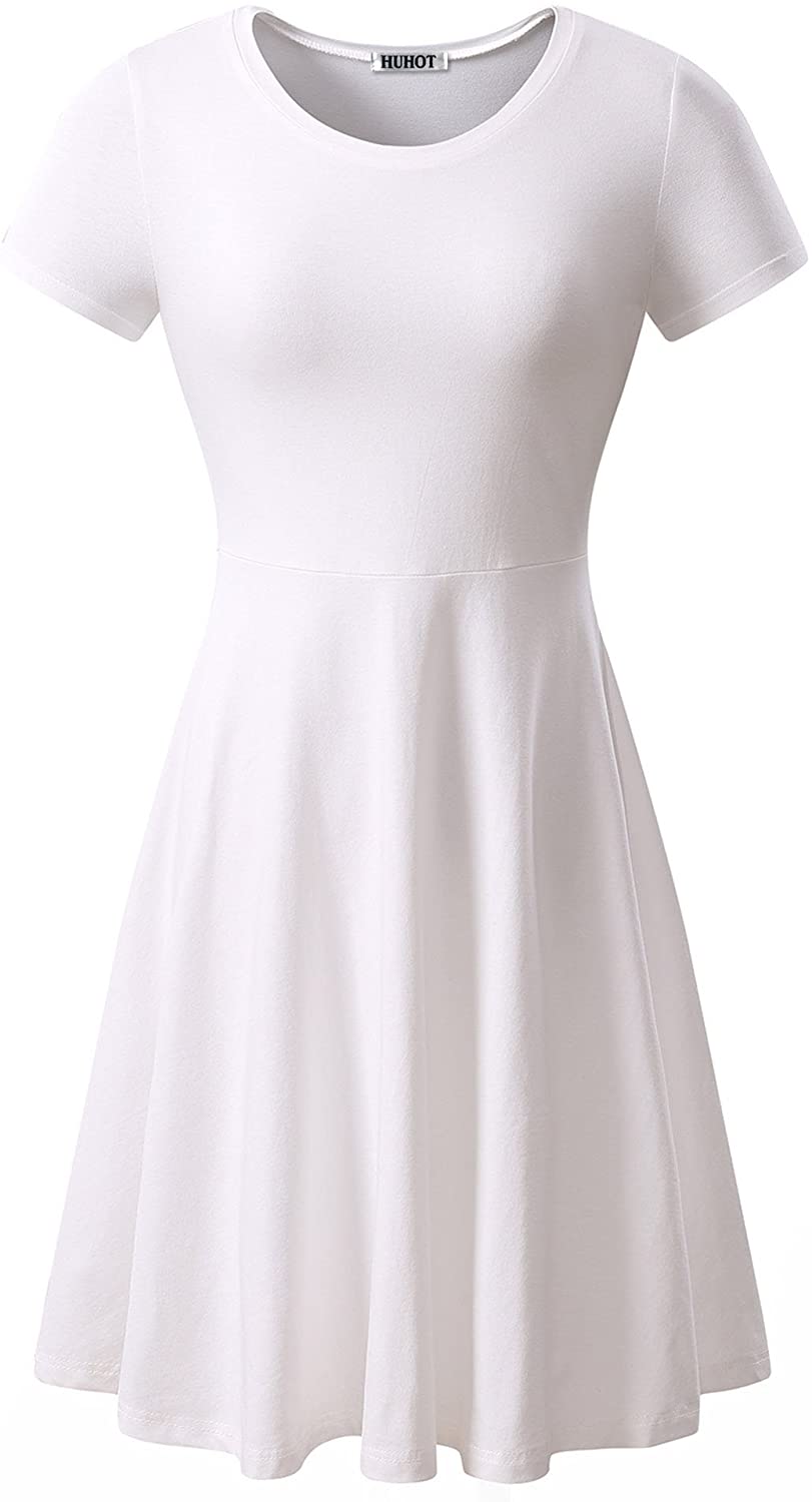 HUHOT Women Short Sleeve Round Neck Summer Casual Flared Midi Dress | eBay