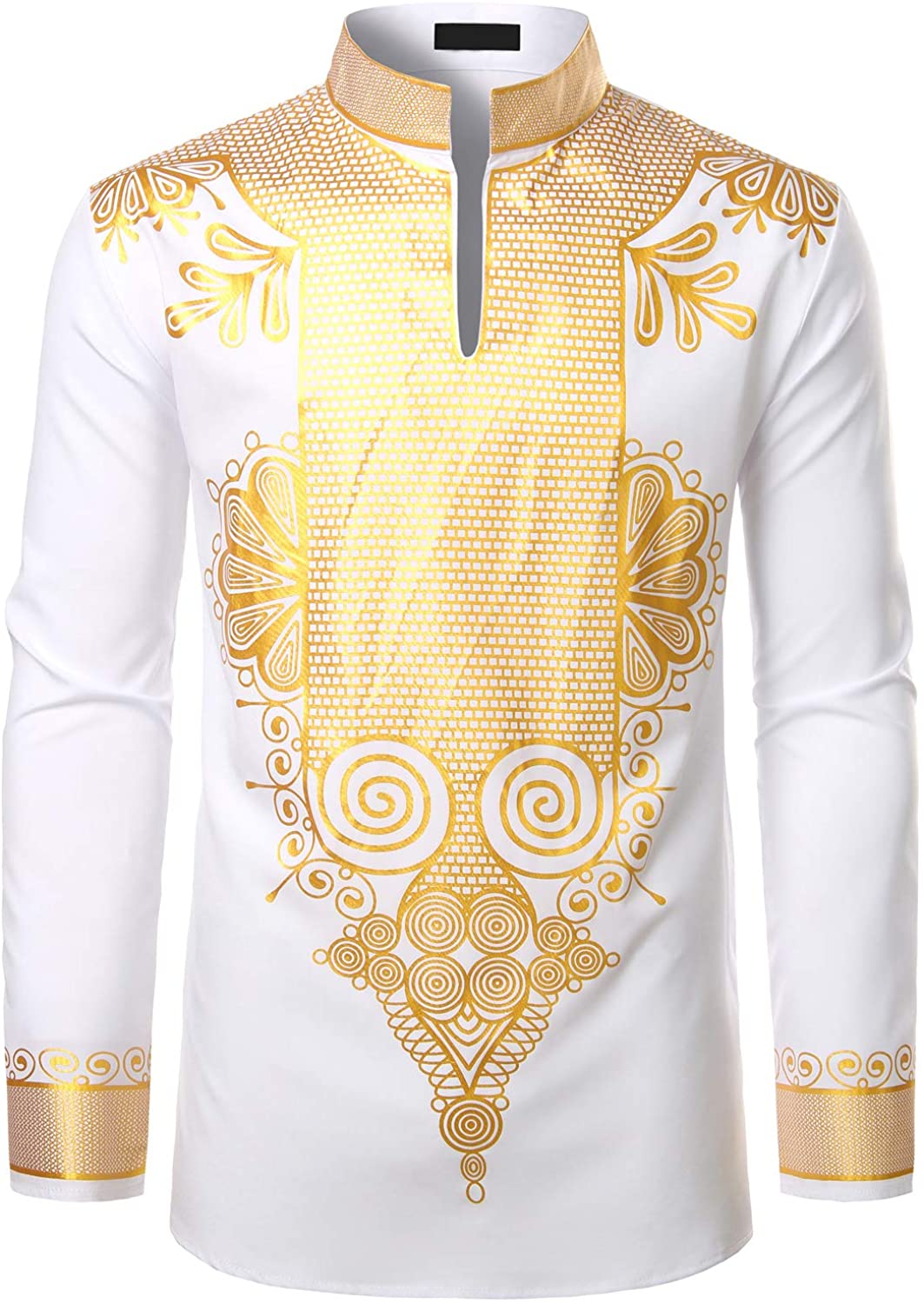 LucMatton Men's African Traditional Dashiki Luxury Metallic Gold Printed Mid Long Wedding Shirt 