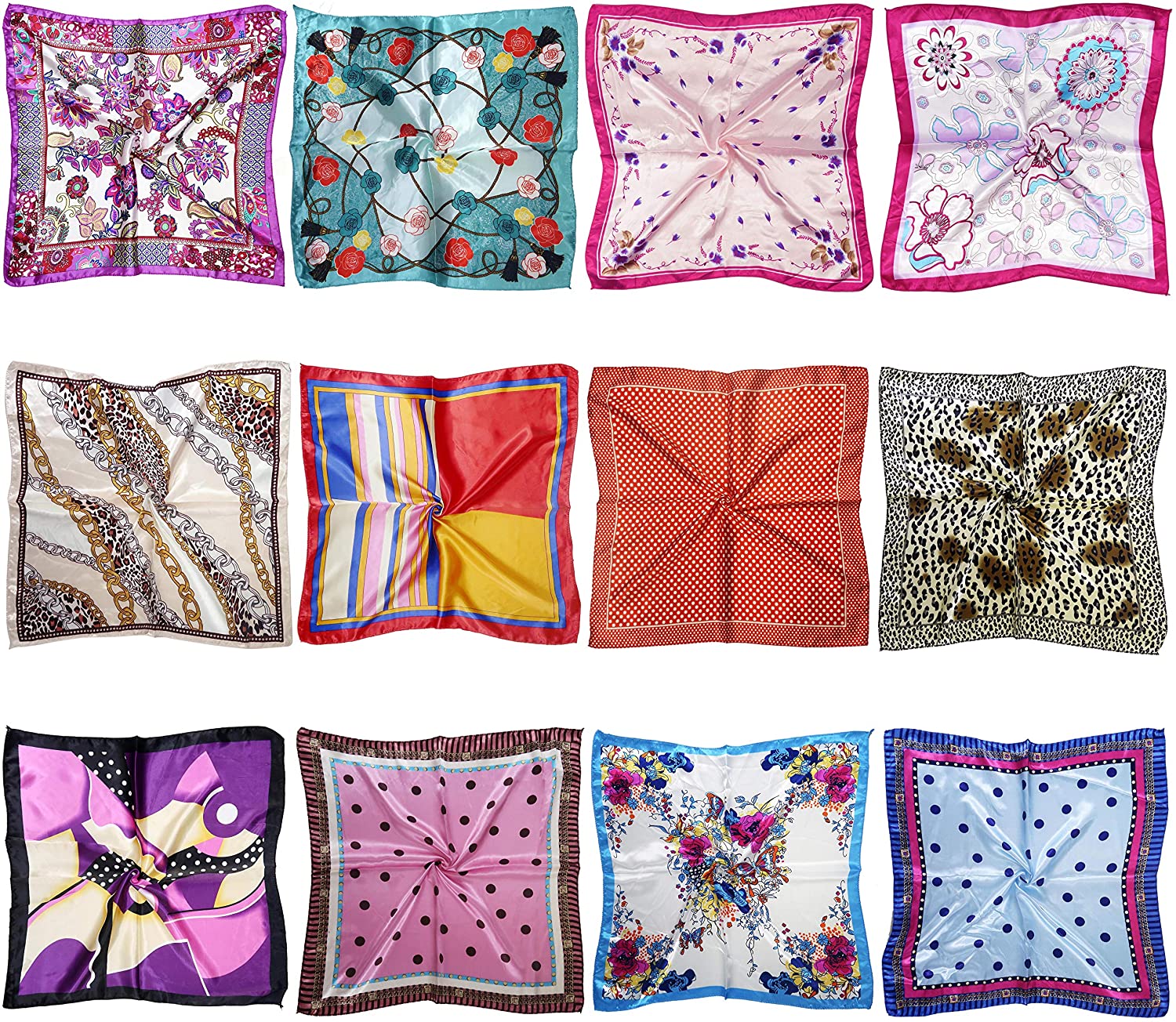 12 Set Mixed Designs Small Square Satin Womens Neck Head Scarf Scarves Bundle 