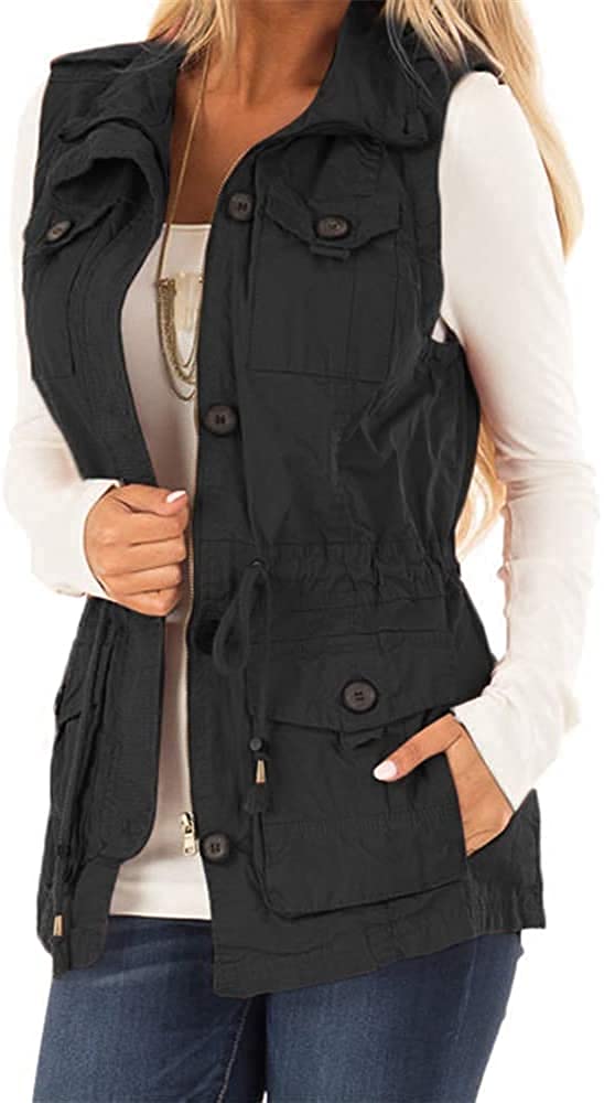 dahuo Womens Lightweight Sleeveless Military Anorak Drawstring Jacket Vest Cargo Utility Safari Vest 