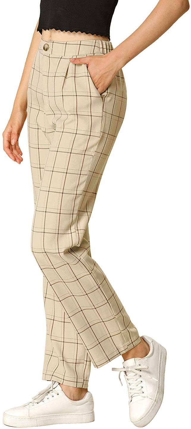 Allegra K Women's Plaid Pants Elastic Waist Casual Work Office Long Trousers 